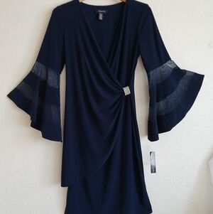 R&M Richards Navy Dress Rhinestone Long Bell Sleeves Size 6 NWT
